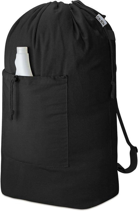 Laundry Bag Backpack, Canvas Laundry Bag with Straps & Drawstring, Black XL | Heavy Duty Washable Dirty Cloth Hamper Bag with Large Front Pocket for College, Travel, Laundromat, Camping
