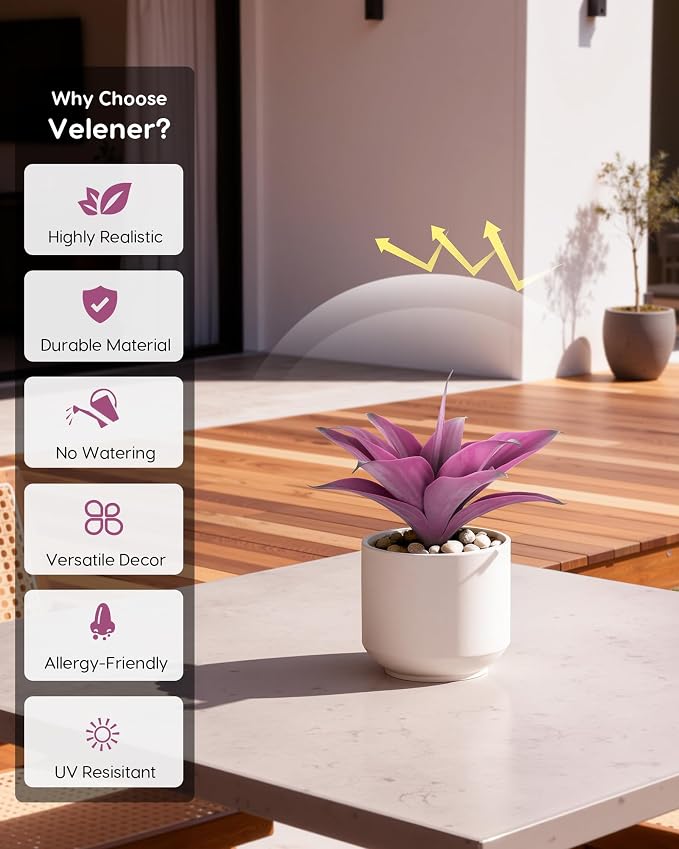 Velener 14 Inch Artificial Agave Plants, UV Resistant Fake Outdoor Plants, Small Faux Plants for Indoor Decor(Purple)-2 Pack