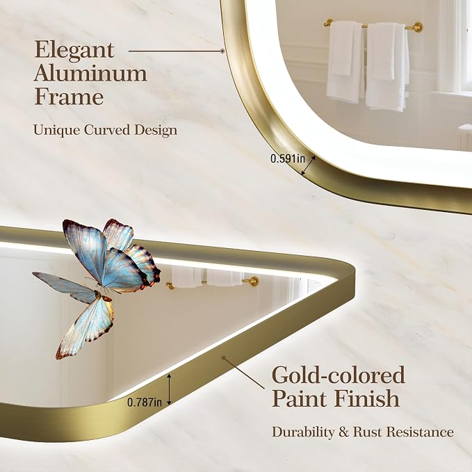S'bagno 32X24 Gold LED Mirror for Bathroom with Frontlit & Backlit, LED Bathroom Mirror with Metal Frame, Anti-Fog, Stepless Dimmable, 3 Colors Temperature LED Vanity Mirror(Horizontal/Vertical)