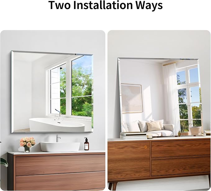KOCUUY Beveled Mirror, 30x30 Inch Square Frameless Bathroom Mirror for Over Sink, Upgraded Shatterproof Beveled Unframed Design Mirror for Bathroom, Bedroom, Entryway, Hang Horizontal/Vertical