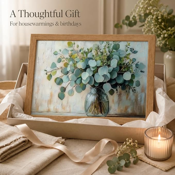 Wood Framed Rustic Eucalyptus Wall Art Sage Green in Glass Plants Vase Canvas Painting Picture Wall Decor Farmhouse Neutral Poster Print Artwork for Living Room, Bedroom, Bathroom Home Decoration