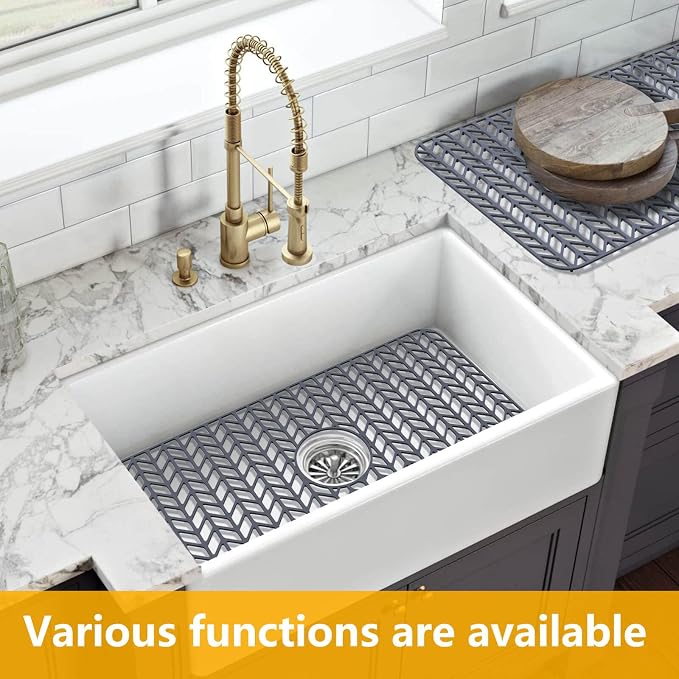 Sink Protectors for Kitchen Sink 12"13"16"18"19"24"26"28"29"30",Silicone kitchen sink mats protector for bottom of farmhouse sink(26"x14"Center Drain Gray) | Protector for sinks and dish,Food-grade silicone,Non-slip and raised feet,Withstand to 500F,Di...