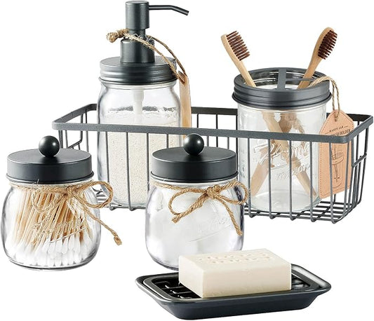 SheeChung Mason Jar Bathroom Accessories Set, 6Pcs Rustic Bathroom Set,Grey | Glass Bathroom Accessory Set, Soap Dispenser, Toothbrush Holder, 2 Qtip Holders,Soap Dish,Wire Basket,Western Farmhouse Decor