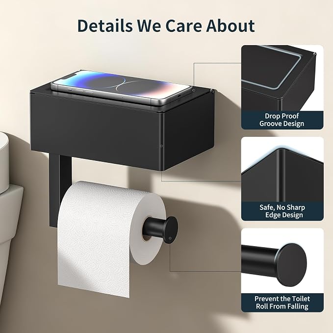 FORIOUS Toilet Paper Holder with Shelf, Wall-Mounted Modern Wipes Dispenser | Brushed Gold | Toilet Paper Holder with Storage | Baby Wipes Dispenser for Bathroom | 6.5"x4.5" Lighter Shelf