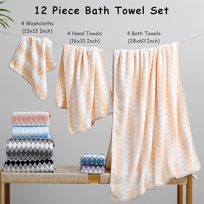 12 Pcs Yellow White Diamond Towel Set-4 Bath Towels,4 Hand Towels,4 Washcloths Soft Polyester Bath Sheet with Loop Absorbent Shower Towel Quick Dry Beach Chair Towel Family Towels for Bathroom Spa Gym