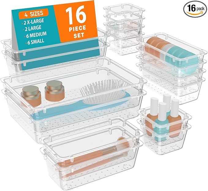 WOWBOX 16 PCS Clear Plastic Drawer Organizer Set, 4 Sizes Desk Drawer Organization and Storage Containers for Makeup, Cosmetics, Jewelry and Gadgets in Kitchen, Bathroom, Bedroom, Office, Clear