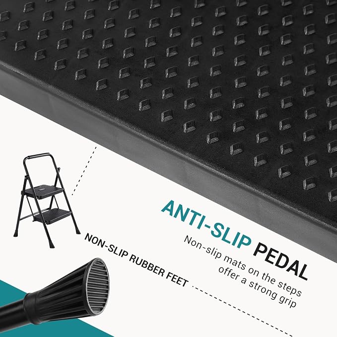 OLIXIS 2 Step Ladder, 800lbs Foldable Step Stool with Anti-Slip Pedal | Heavy Duty Portable Stepping Stool with Sturdy Steel Ladder & Comfortable Handrail, for Kitchen, Garage, Outdoor Use - Black