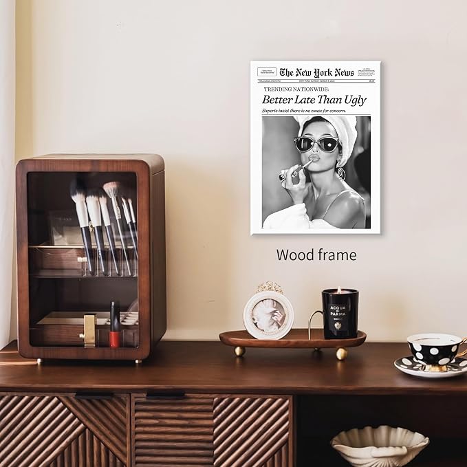 Black and White Newspaper Canvas Poster Better Late Than Ugly Quotes Wall Art 08x10 inch Framed Fashion Feminist Aesthetic Prints Bar Cart Wall Decor for Girls Bathroom