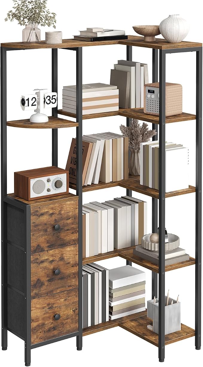Corner Bookshelf, 5-Tier L-Shaped Bookcase with 3 Fabric Drawers, Storage Display Shelf, Freestanding Tall Open Shelf, for Living Room, Bedroom, Home Office, Rustic Brown SJ12BR
