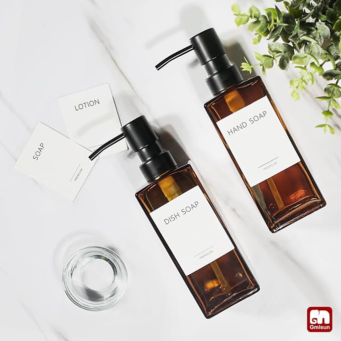 GMISUN Amber Glass Soap Dispenser, 2 Pack Hand Soap Dispenser Bathroom, 12 fl oz/350ml Dish Dispenser Set for Kitchen, Glass Liquid Dispenser with Stainless Steel Pump, Brown Soap Dispensers Bottle