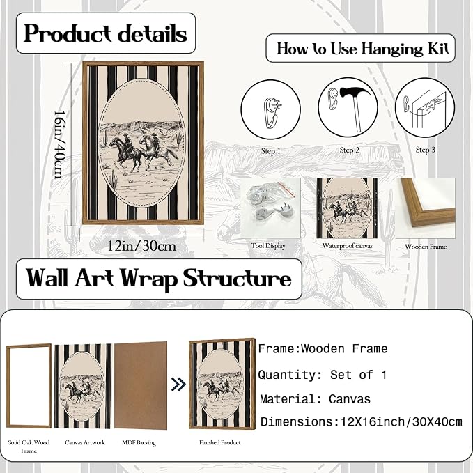Western Cowboy Drawing Wall Art Black and white Cowboy Stripe Wall Decor Painting, Vintage Rodeo Sketch Poster Canvas Print Picture for Living Room Bedroom 12x16 inch Wood Framed