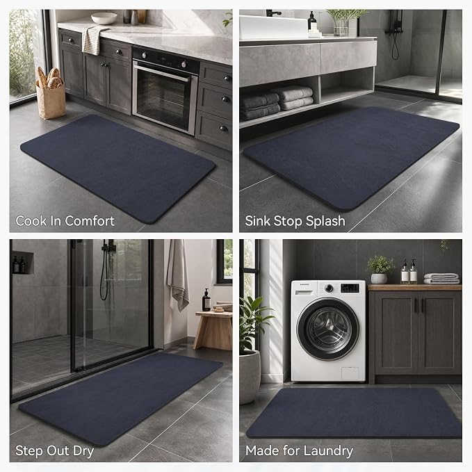 MontVoo -Bath Mat Rug-Rubber Backing Non Slip Quick Dry Absorbent Thin Bathroom Rugs Fit Under Door-Faux Suede Surface Bathroom Floor Mats-Shower Rug for in Front of Bathtub Shower Navy 24"X70"
