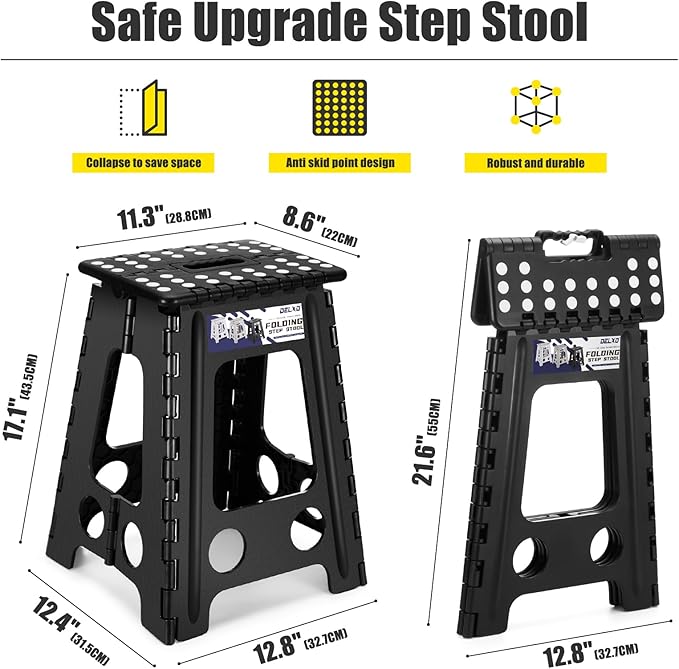 Delxo 17.5 Inch Folding Step Stool,Foldable Stool for Adults with Safety Lock,Portable Collapsible Plastic Step Stool,Non Slip Folding Stools for Kitchen Bathroom Bedroom Up to 400LBS,(Black 1PC) | Step Stool with Safety Lock,Portable Collapsible Step ...
