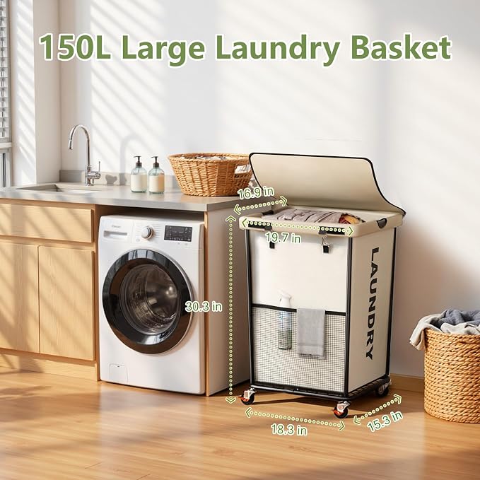 Laundry Hamper with Wheels and Lid, 150L Large Rolling Laundry Basket White | Heavy Duty Clothes Organizer, Sturdy Metal Frame, Lockable Swivel Casters, Removable Bag, For Bedroom, Bathroom, Laundry Room