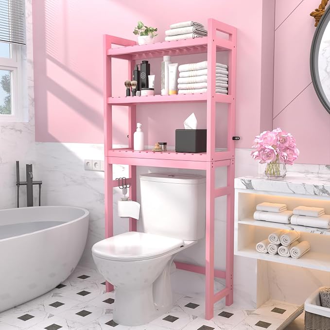 Bamboo Over The Toilet Storage Shelves, 3-Tier Above Toilet Storage Organizer Rack with 3 Hooks, Freestanding Bathroom Tower Shelf Unit for Small Space, No Rust, Easy to Assemble, Pink