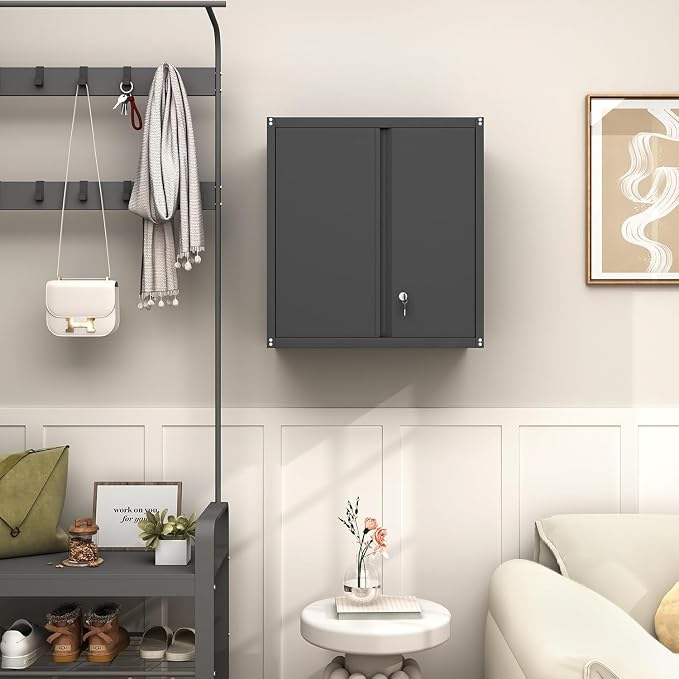 GREATMEET Locking Metal Wall Cabinets for Garage, Garage Cabinets Wall Mount, Steel Floating Hanging Storage Cabinet with Doors and Adjustable Shelf for Utility Room | 27.95" H Wall Mount Storage Cabinet, Steel Hanging Utility Tool Cabinet for Garage S...