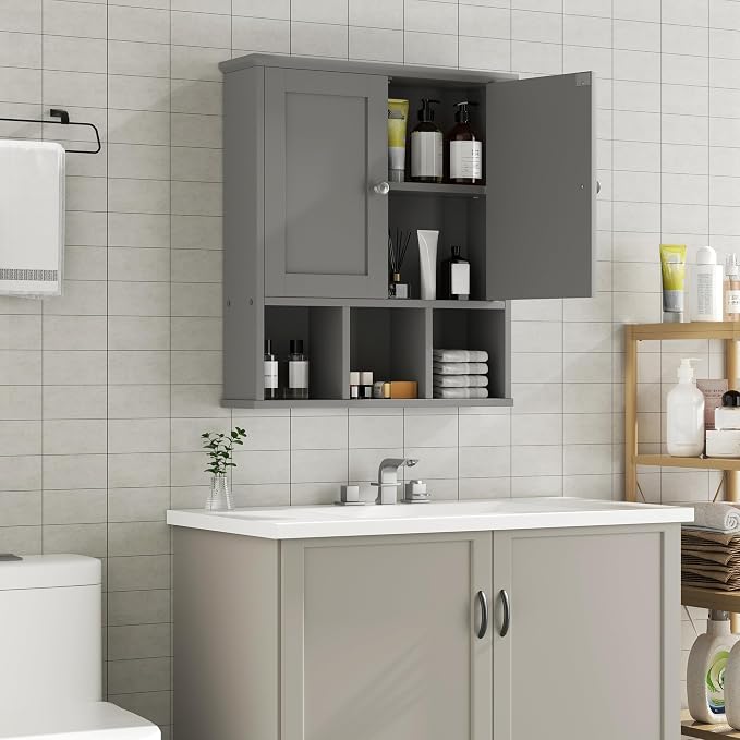 Shintenchi Bathroom Medicine Cabinet, Wall Mounted, Adjustable Shelf, Gray | Over The Toilet Cupboard, Open & Concealed Storage, 2 Magnet Doors, Space-Saving, Easy to Clean