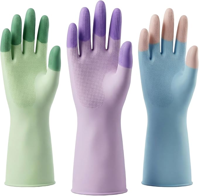Dishwashing Gloves, Reusable Rubber, Non-Slip Grip, 3 Pair | Waterproof and gentle on the skin, with textured palms. Breathable lining for kitchen, bathroom, and household chores.
