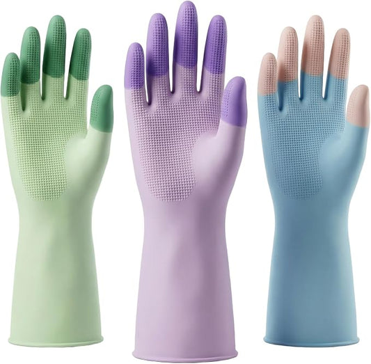 Dishwashing Gloves, Reusable Rubber, Non-Slip Grip, 3 Pair | Waterproof and gentle on the skin, with textured palms. Breathable lining for kitchen, bathroom, and household chores.