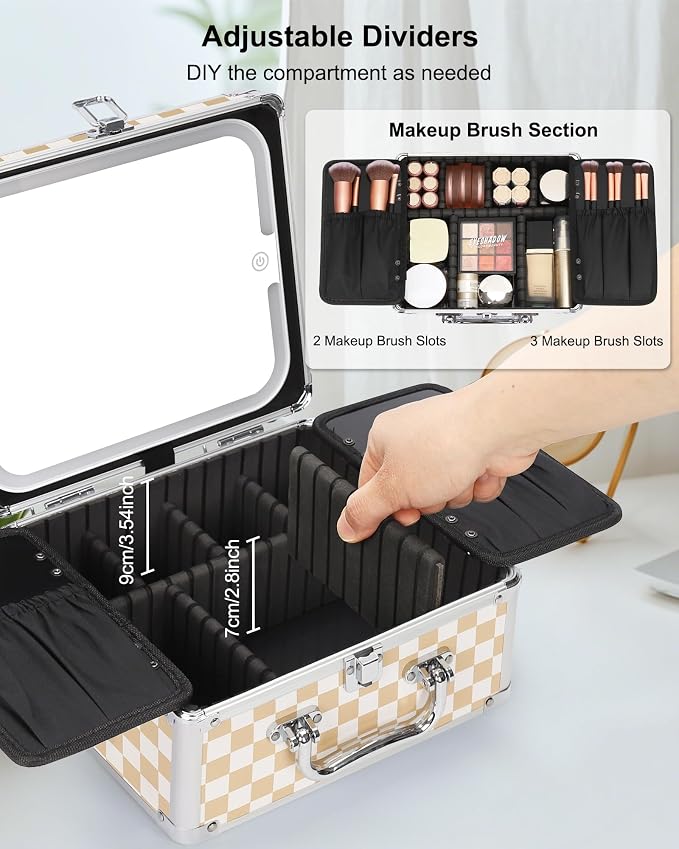 Relavel Makeup Bag with LED Mirror, Makeup Box Travel Train Case with Lighted Mirror & Adjustable Dividers, Cosmetic Brush Organizer Storage for Makeup Artists Gifts for Women and Girls (Plaid, Small)