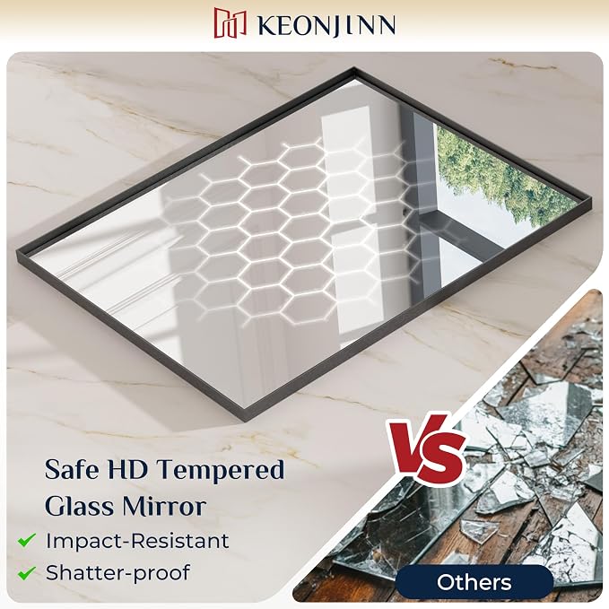 Keonjinn 48x30 Inch Black Bathroom Mirror for Over Sink, Rectangular | HD Tempered Glass, Vanity Mirror, Brushed Framed, Square Corner, Modern Farmhouse, Wall Mounted Mirrors, Aluminum Alloy