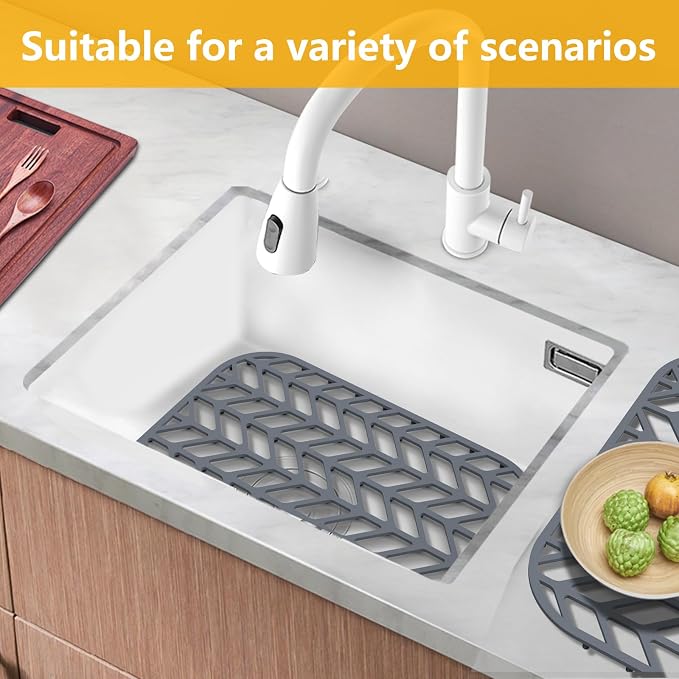 Sink Protectors for Kitchen Sink 12" & 13" 16" 18" 19" 24" 26" 28" 29", Silicone Kitchen Sink mats Protector for Bottom of Farmhouse Sink(12.25"X11.5"Gray 2PCS)