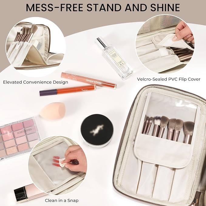 HauteHues Travel Makeup Bag Women's Large Capacity Cosmetic Portable Organizer Large Opening Waterproof Storage Toiletry Bags Vertical Free-Standing Brush Holder for Easy Access Copper