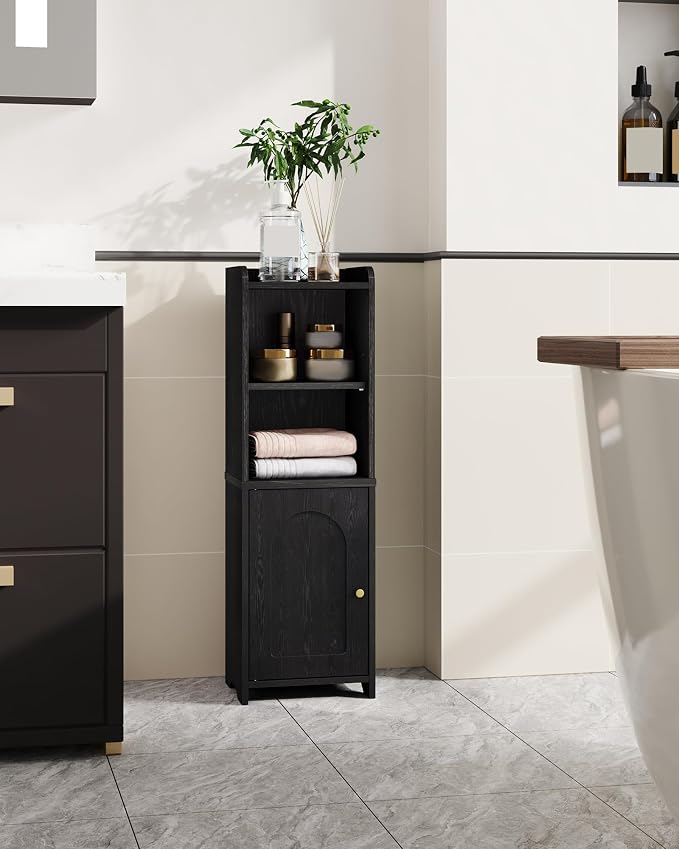 Hzuaneri Bathroom Storage Cabinet, Narrow Toilet Paper Cabinets with Doors | Small Corner Floor Cabinet with Doors and Adjustable Shelf, Bathroom Organizer for Small Spaces, Black BC39704X