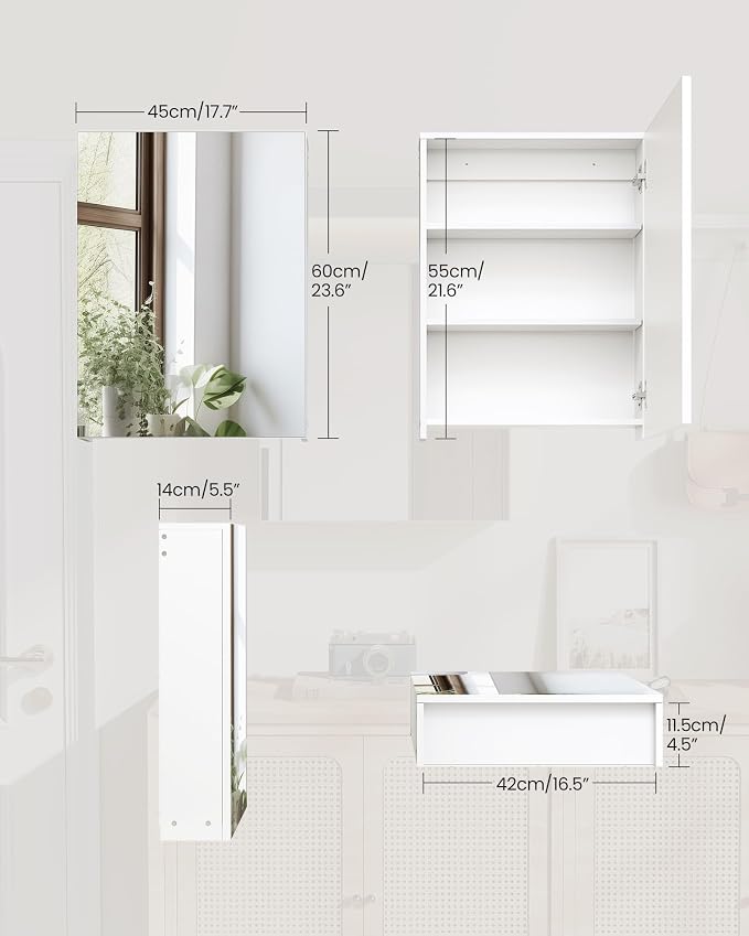 Bathroom Medicine Mirror Cabinet, 17.7'' x 23.6'', Wall-Mounted Bathroom Vanity with Mirror, Bathroom Medicine Cabinet with Storage Function, Hanging Storage Cabinet, Adjustable Shelves, White
