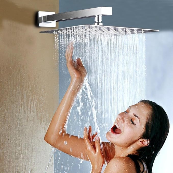 Voolan Rain Shower Head - High Flow Large Rainfall Shower Heads Made of Stainless Steel - Waterfall Bathroom Square Showerhead - Ceiling or Wall Mount (12 * 8 Inch Rectangle, Brushed Nickel)