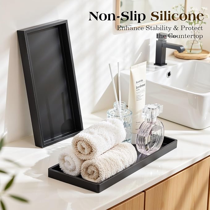 Luxspire 2 Pack Silicone Bathroom Tray 11.8" Vanity Tray, Matte Black | Thick slip-proof silicone, dishwasher safe, waterproof, holds soap perfume jewelry for sink vanity decor