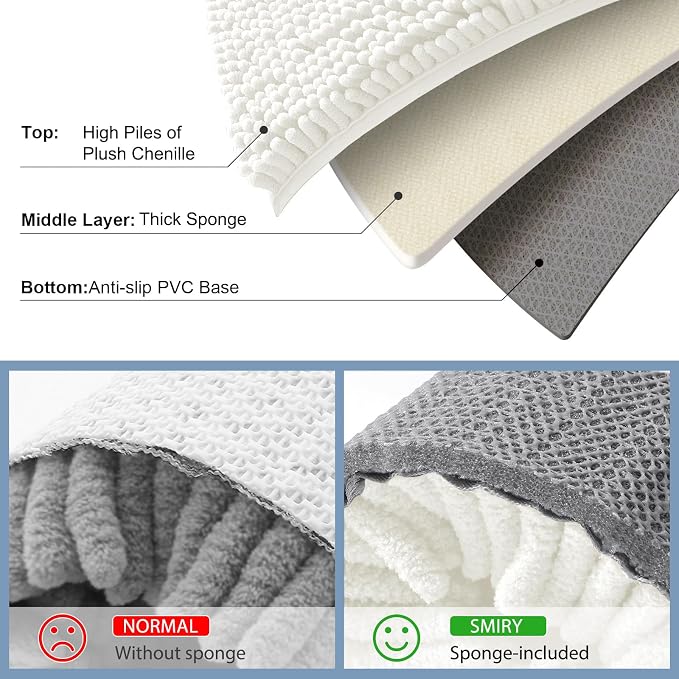 Smiry Bathroom Rugs 30X18, Luxury Chenille Extra Soft Absorbent Bath Mat | Ivory, Machine Washable Non-Slip Plush Bath Mats for Bathroom, Tub, Shower, and Floor, Home Decor