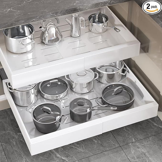 Seinloes 2 Pack Pull Out Cabinet Organizer 18" Deep,Full Extension 3 Slide Rails Slide Out Drawers With Raising Pad for Framed Cabinets,Expandable Width (15.4"-26.2"),No Drill Roll Out shelf,White