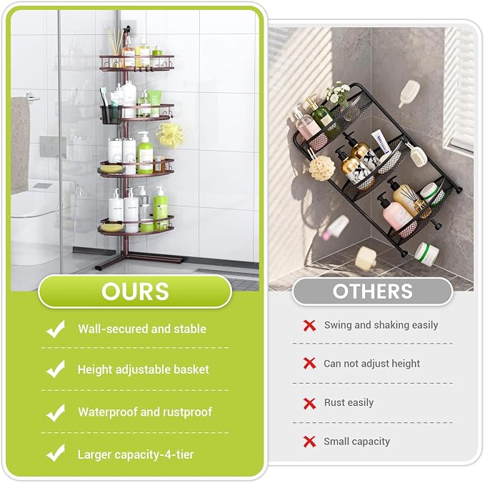 Standing Corner Shower Caddy - Rustproof Bathroom Shower Stand Shelf | 4-Tier No Drill Organizer with Adjustable Baskets, Large Capacity for Tall Shampoo Bottles, Fits Renters Apartments Bathtub
