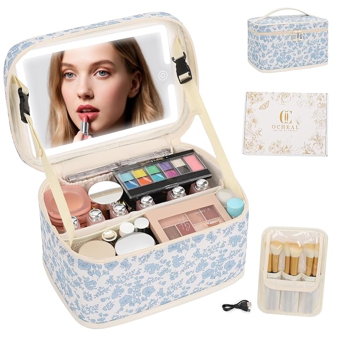 Makeup Bag With LED Mirror, Travel Makeup Bag With 3 Color Setting Light Up Mirror Cosmetic Organizer Vanity Case for Women Beauty Tools Accessories Rechargeable Makeup Travel Bag-Black