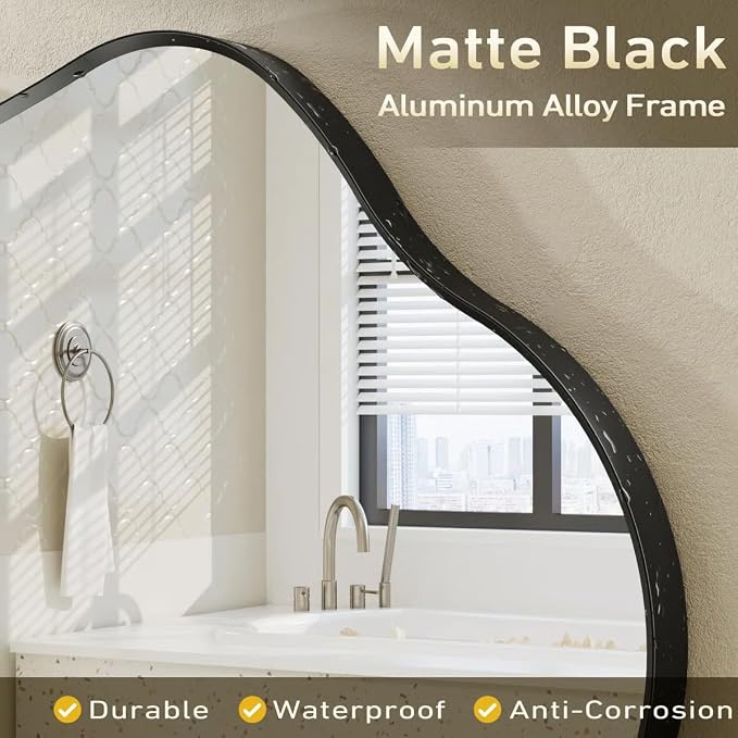 60x32 Inch Black Matte Irregular Wall Mirror | Black Asymmetrical Mirror, Decorative Bathroom Vanity Mirror, Shatterproof, Anti-Rust(Horizontally/Vertically)