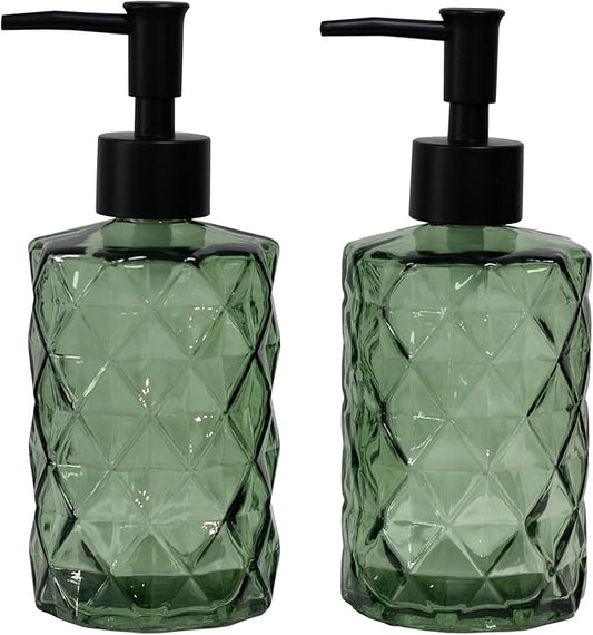 YYTSGG Green Glass Soap Dispenser with Black Plastic Pump, 12oz, 2 Pack | Refillable Liquid Hand Soap Dispenser, Crystal Lotion Bottle for Modern Home Decor, Bathroom, Kitchen Countertop, Hotel