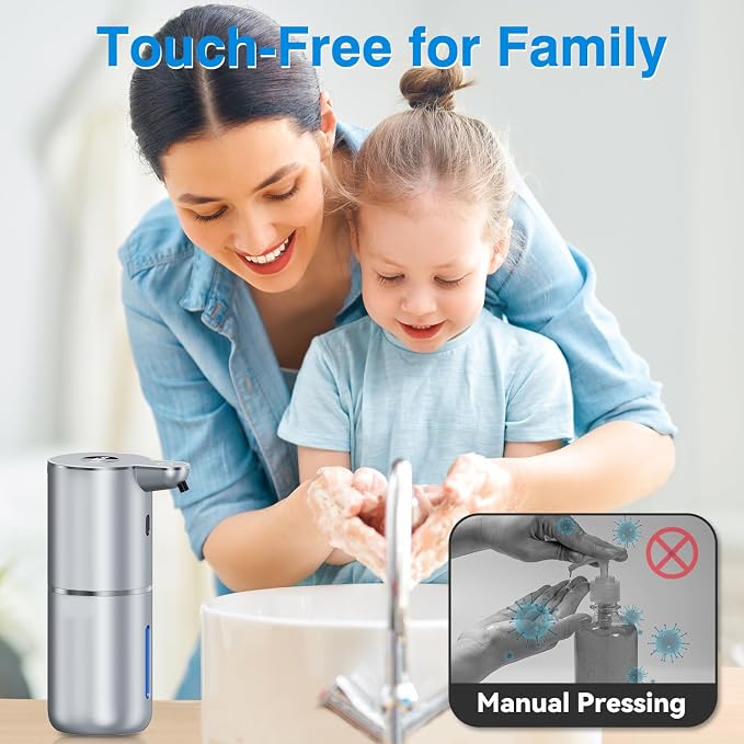 Fachixy Automatic Liquid Soap Dispenser Touchless, Smart Digital Display | 12.8oz/380mL, Up to 90 Days Battery Life, 6 Adjustable Level, Rechargeable, Wall Mountable IPX5 for Kitchen & Bathroom,Silver