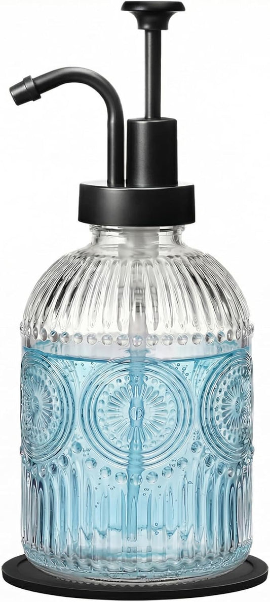 SheeChung 12oz Vintage Glass Soap Dispenser with Black Pump, Clear, 1 Pack | Refillable Dish and Hand Soap Dispenser for Bathroom Kitchen, Rustic Liquid Lotion Bottle,BPA-Free,Funnel,Mat,Farmhouse Decor