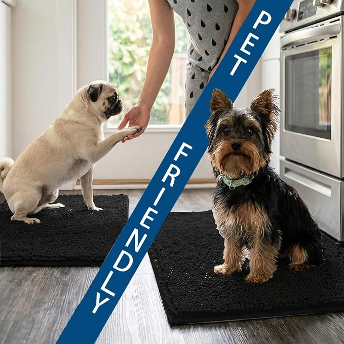 Bathroom Rugs Sets 2 Piece,Super Absorbent Chenille Bath Mats and U-Shaped Toilet Rug,Strong PVC Non Slip Backing,Microfiber Washable Dry Quickly Bath Mats for Bathroom(20"x32"+20"x20"U, Black)