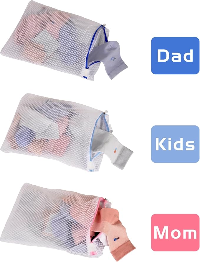 3-Pack Hanging Mesh Laundry Bags with S Hooks, 12x10 Inch | Durable mesh, rustproof S hooks. 3 colors. For socks, delicates, toys, balls. Machine wash. Travel, dorms, sports.