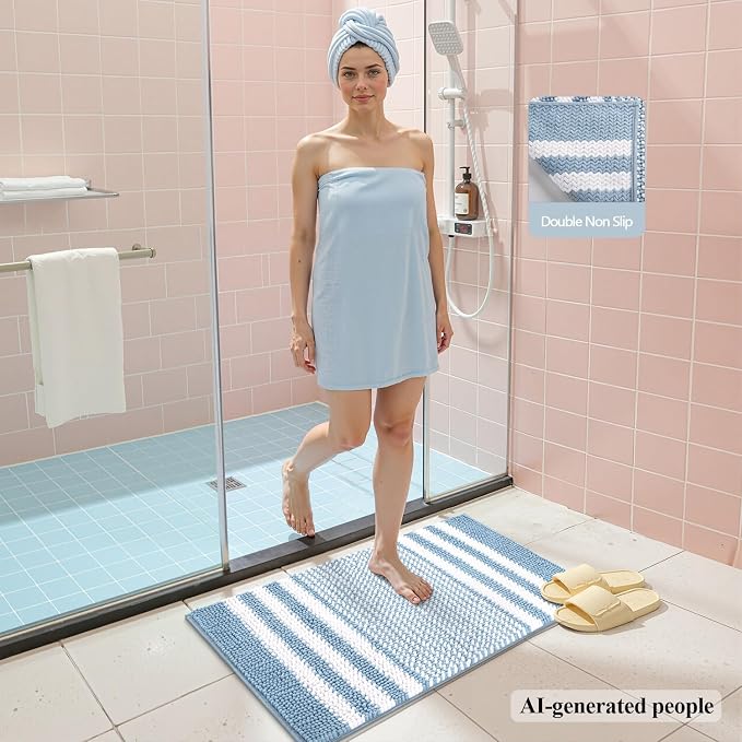 Bathroom Rugs, 30x20 Inch Extra Soft Absorbent Shaggy Chenille Bath Rugs, Non Slip Backing Quick Dry Machine Washable Modern Bath Mat for Bathroom Floor, Home Decor Accessories,Light Blue