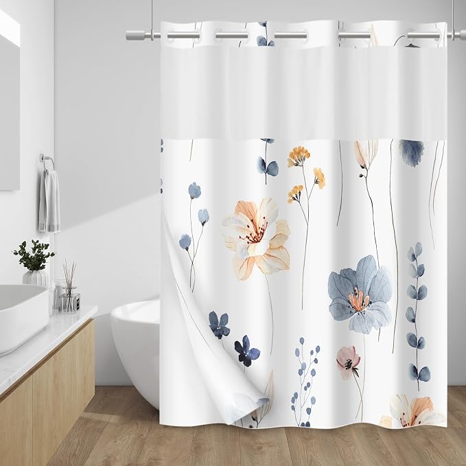 No Hook Floral Shower Curtain with Liner, Blue Beige, 71x80 | Snap in Liner, 3 in 1, Water Repellent, Easy Install, Machine Washable, Hotel Style for Bathroom, Watercolor Pattern