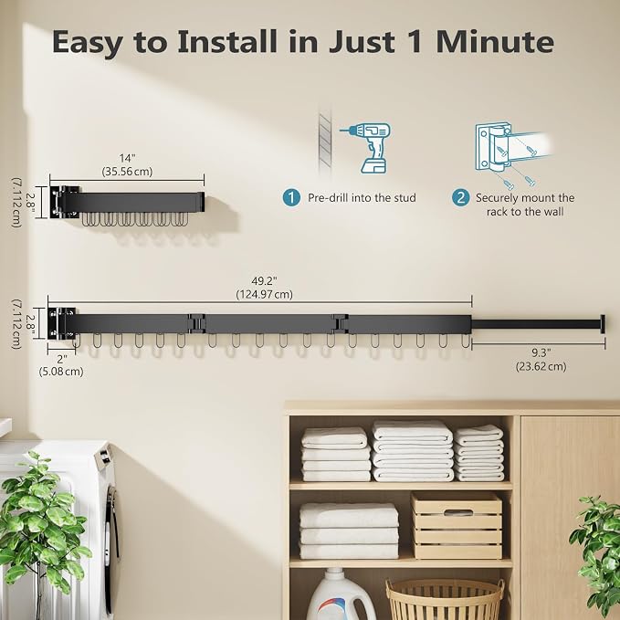 Clothes Drying Rack Wall Mounted, Space-Saving Drying Rack Clothing, Collapsible Foldable Retractable Laundry Rack with 18 Hooks, Indoor/Outdoor, Black