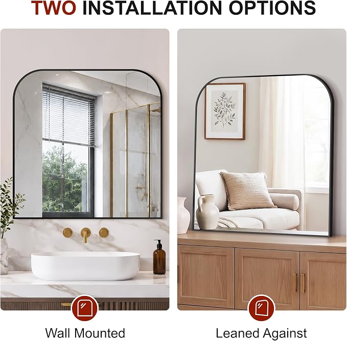 Bathroom Black Vanity Mirror for Over Sink, 30" x 30" | Metal Framed Rounded Corner, Shatterproof Glass, for Bedroom, Living room, Entryway