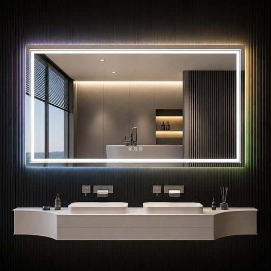 Snowdool 72"X32" LED Bathroom Mirror with Front and Backlit Lighting, 8 RGB Backlit＋3 Color Temperatures, Dimmable Anti-Fog Vanity Mirror for Bathroom Over Sink, Tempered Glass