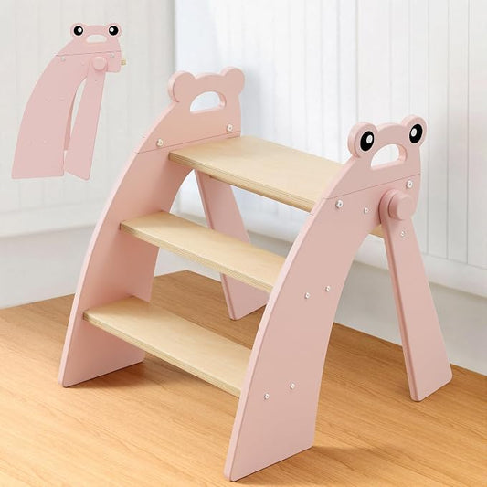 Step Stool for Toddlers & Kids, Bathroom Sink, 3-Step Foldable, Pink | Wooden Bamboo, Cute Frog Handles, Non-Slip Pads, Potty Training & Kitchen Helper, 300-lb Capacity, Foldable for Storage