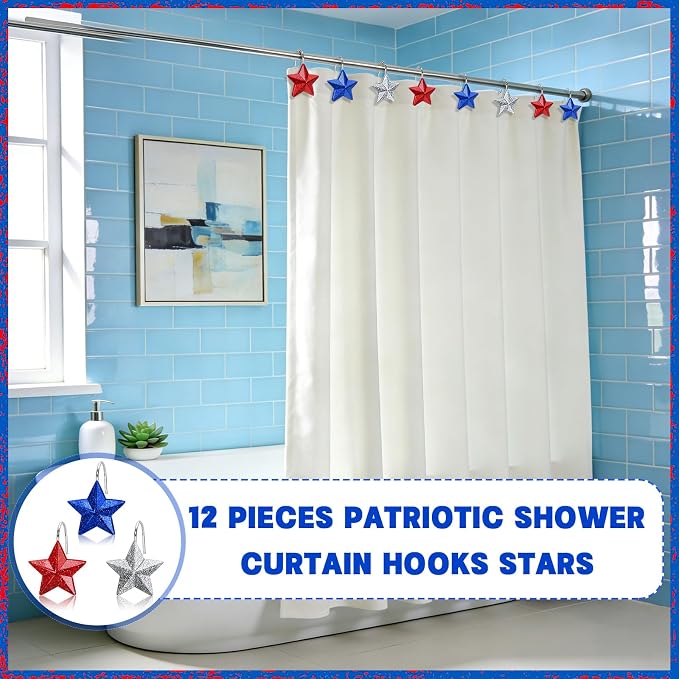 12 Pack Star Shower Curtain Hooks Patriotic Red White Blue Hangers | Resin and Rustproof Stainless Steel, Glide Smoothly Without Scratching Rods, Glitter Star Patriotic Festive Decor