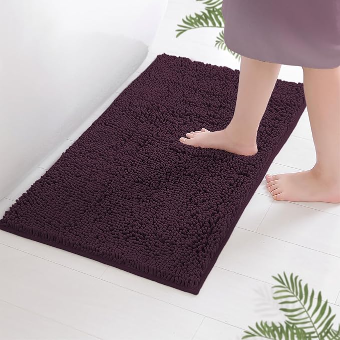 LuxUrux Bath Mat, Extra-Soft Plush Non-Slip Bathroom Rug, Luxury Chenille Microfiber Material, Super Absorbent Shaggy Bath Rug. Machine Wash & Dry (17 x 24 inches, Plum)