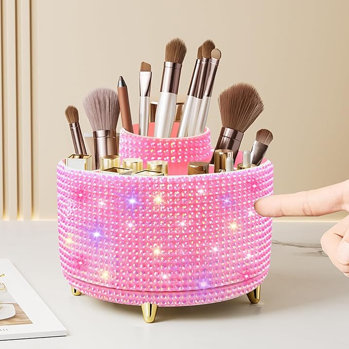 Bling Diamond 360° Makeup Brush Holder Organizer, Rotating Makeup Brush Organizer,5 Slot Make up Brushes Cup for Cosmetics, Vanity Desktop Organizer, Gift for Women Teen Girls- Diamond Pink
